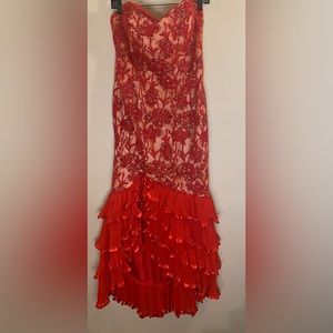 Fabulous, vintage, red, beaded strapless gown!